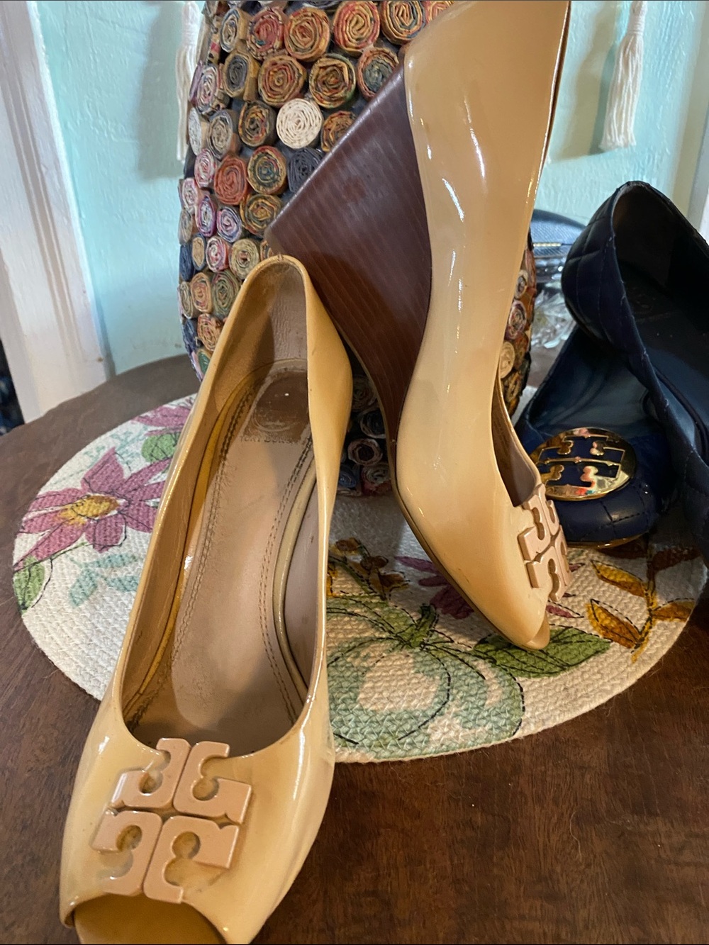 Tory Burch Nude Patent Peep-Toe Wedge with Logo Cutout